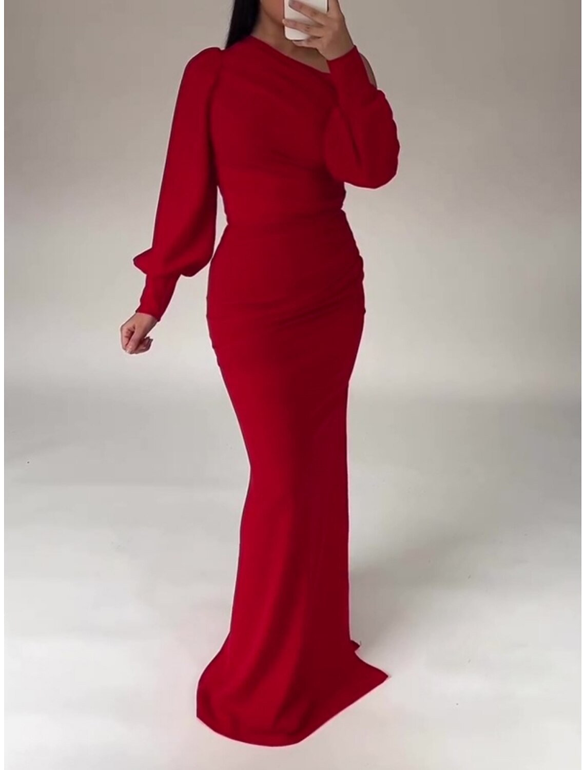 Vestido de noche elegante navideño con corte tubo/columna, corte formal, cola larga, un hombro, tela con abertura fruncida 2025