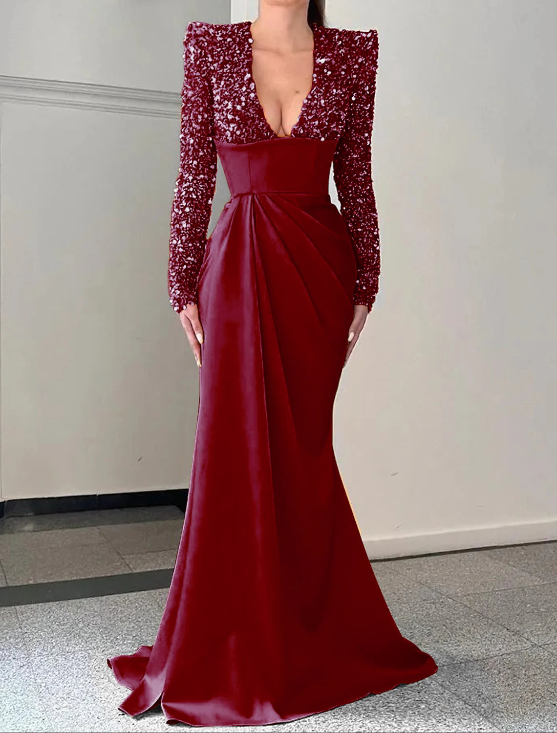 Mermaid / Trumpet Evening Gown Champagne Sparkle & Shine Dress Formal Sweep / Brush Train Long Sleeve V Neck Satin with Pleats Sequin 2025