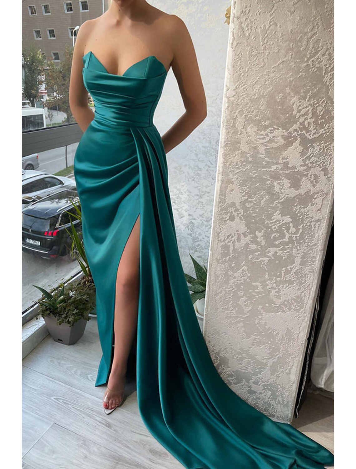Mermaid Party Dress Evening Gown Sexy Dress Wedding Wedding Reception Court Train Sleeveless Strapless Satin with Ruched Slit 2025