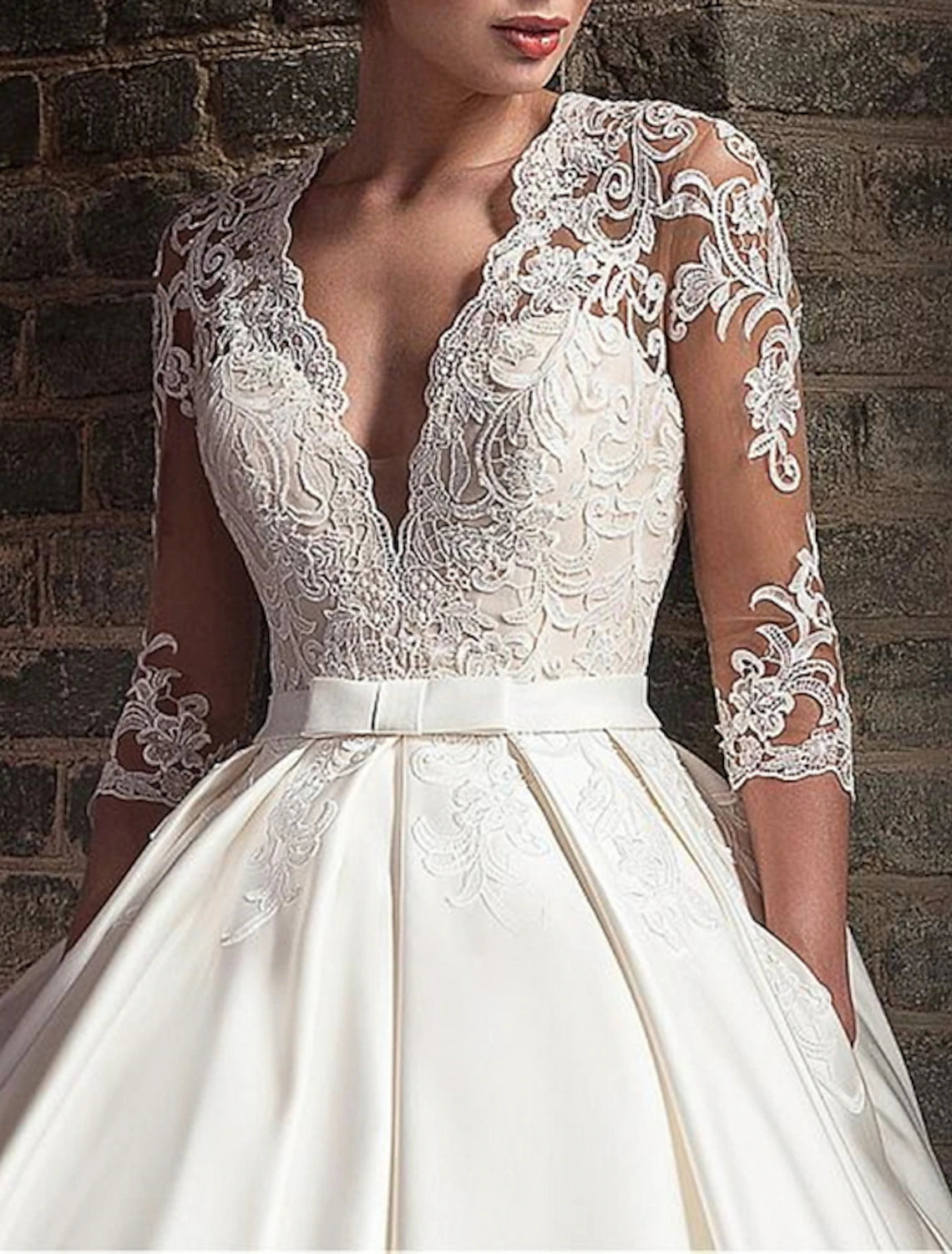 Vestidos de novia formales de compromiso, vestido de fiesta, escote en V, manga 3/4, largo hasta el suelo, de satén, con apliques