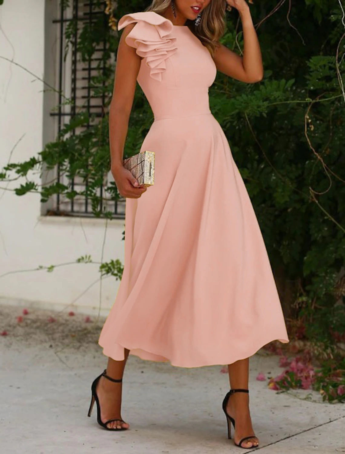 Vestidos de cóctel de corte A, vestido minimalista, para invitados de boda, para regreso a casa, largo hasta los tobillos, sin mangas, cuello joya, para invitados de boda de otoño, tela con volantes, color puro