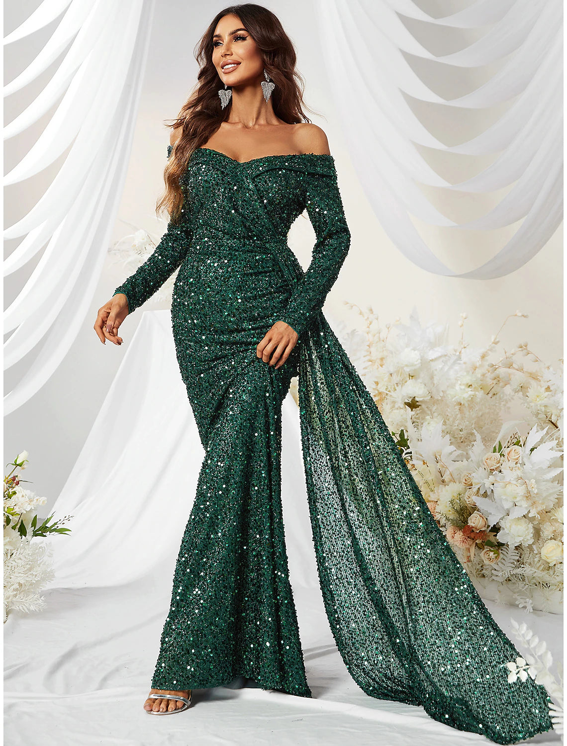Emerald Sequin Mermaid Off-the-Shoulder Floor-Length Dress with Side Train for Prom & Black-Tie