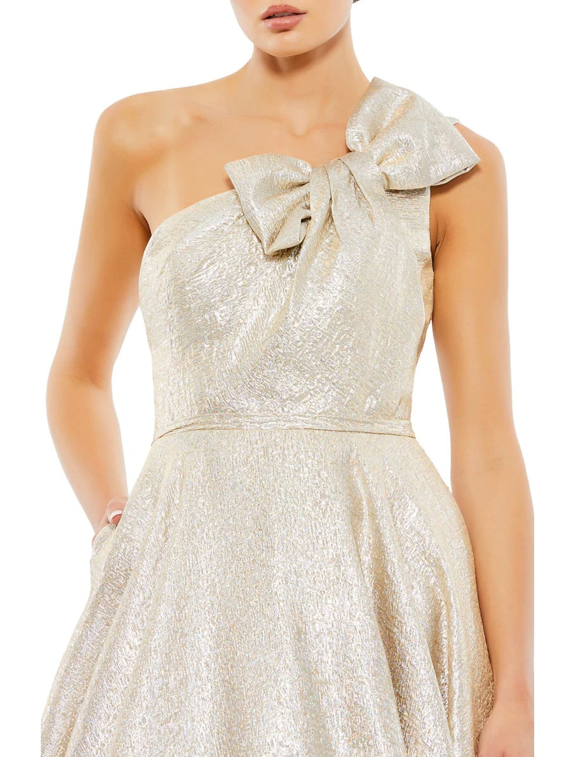 Abiti da ballo a trapezio, scintillanti, lunghi fino al pavimento, senza maniche, monospalla, tasca in raso con fiocco/i