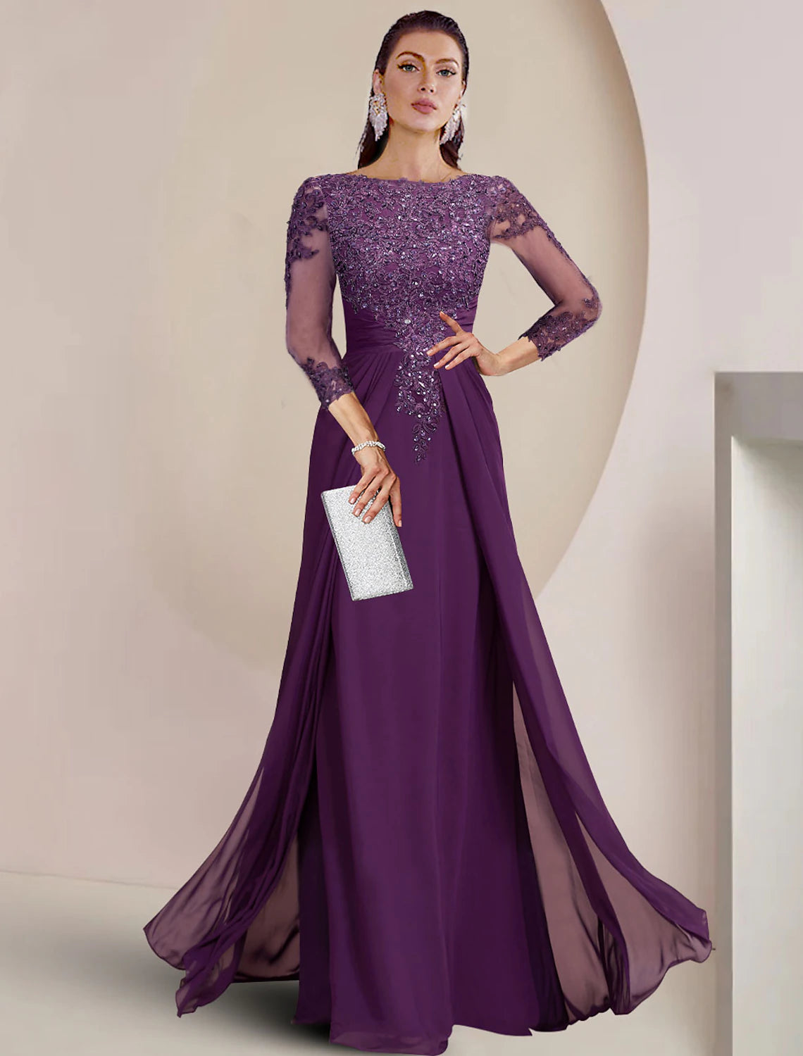 Sheath / Column Mother of the Bride Dress With Overskirts Formal Wedding Guest Elegant Sequin Scoop Neck Floor Length Chiffon Lace 3/4 Sleeve with Appliques Sparkle & Shine