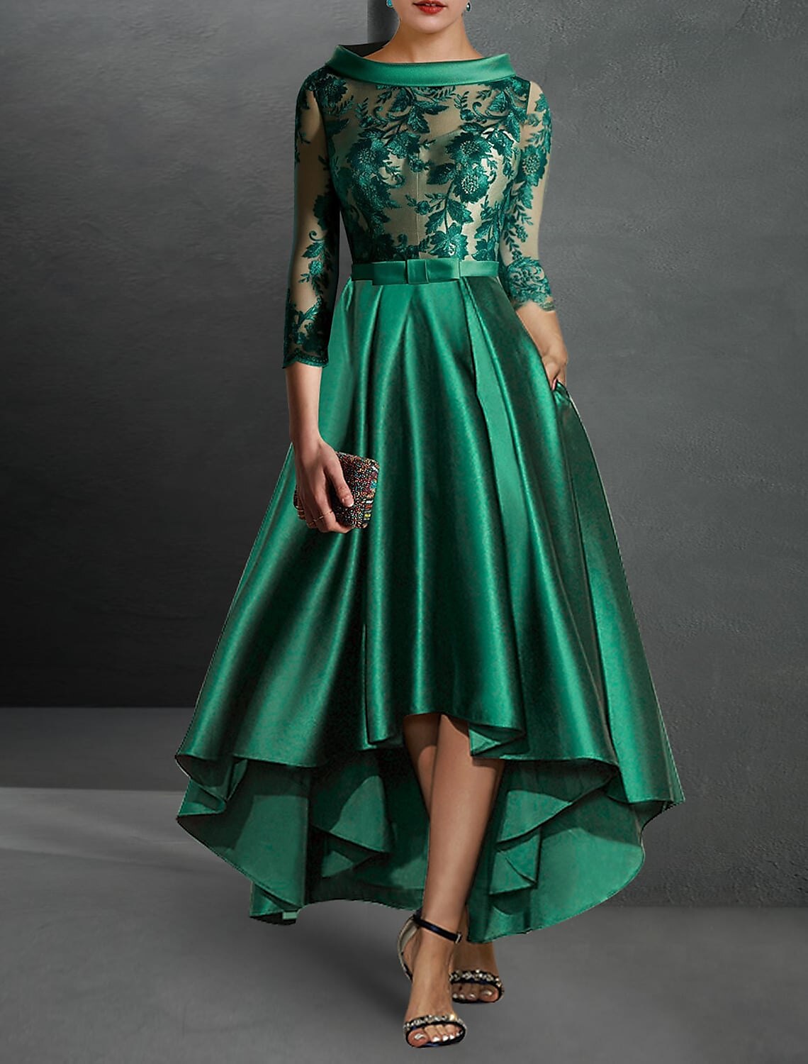 A-Line Cocktail Dress Christmas Red Green Dresses Elegant Dress Christmas Red Green Dress Formal Asymmetrical 3/4 Length Sleeve Jewel Neck Fall Wedding Guest Satin with Pleats Appliques 2025