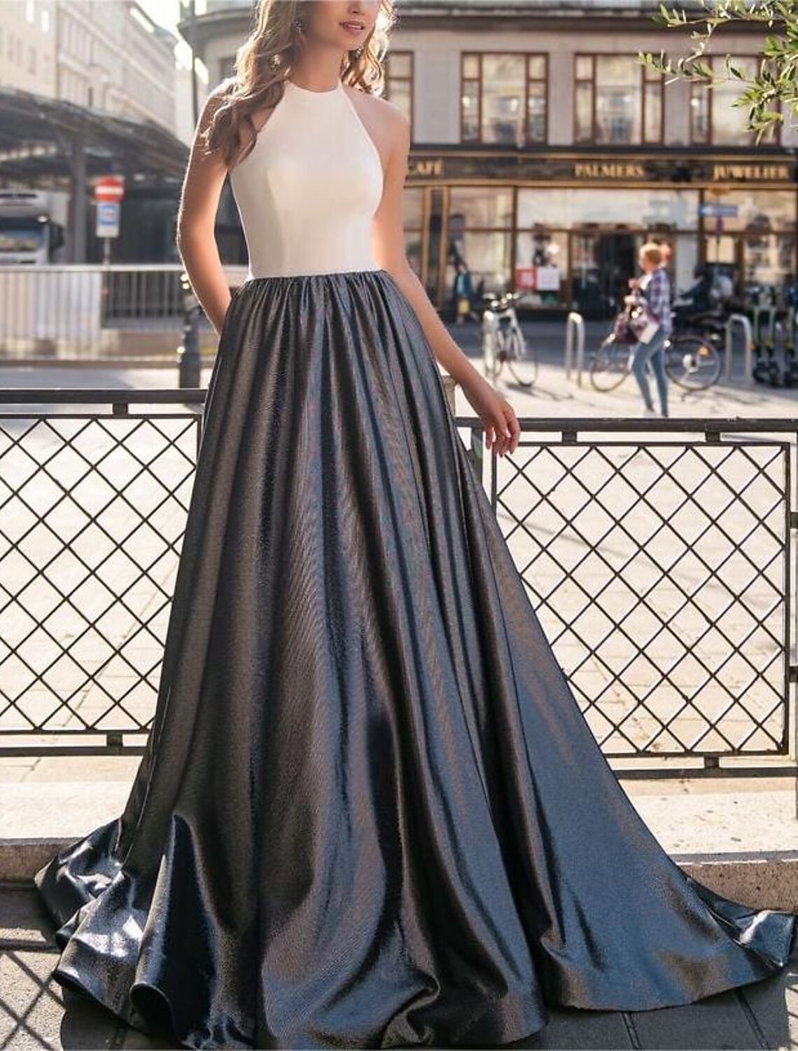 Vestido de noche de corte A con bloques de color, para boda, graduación, largo hasta el suelo, sin mangas, cuello alto, de gasa con brillo
