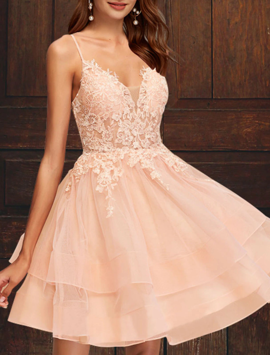 Blushing Pink A-Line Short Tulle Cocktail Dress with Lace Bodice & Tiered Skirt