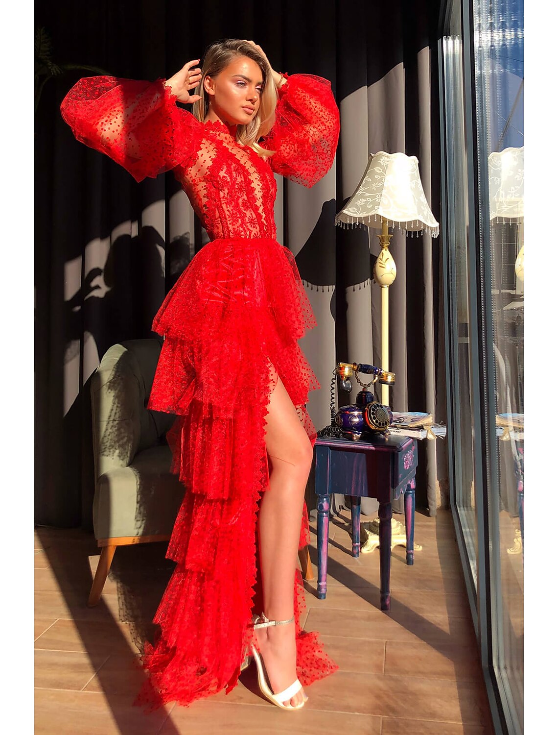 Red Lace High Neck A-Line High-Low Evening Dress with Lace Bodice and Puff Sleeves