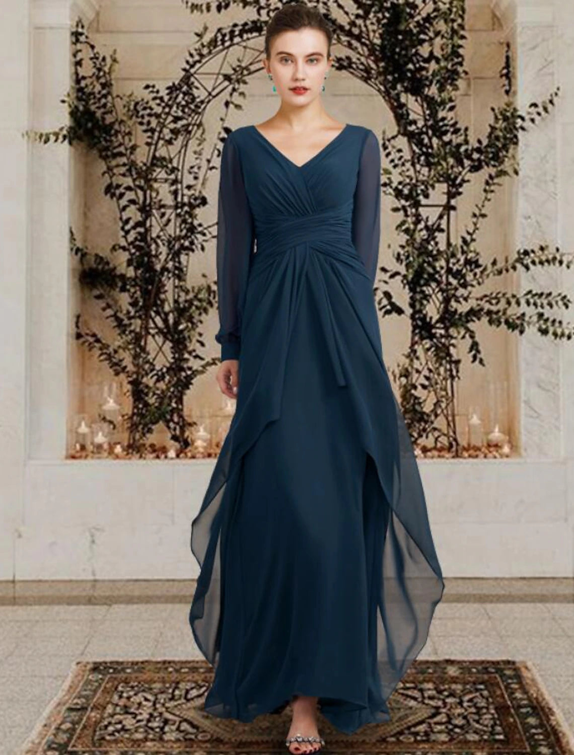 Dark Navy Chiffon A-Line V-Neck Floor-Length Bridesmaid Dress with Sheer Long Sleeves