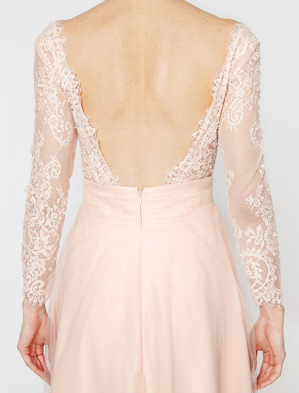 Blushing Pink A-Line Bridesmaid Dress with Lace Bodice & Long Sheer Sleeves