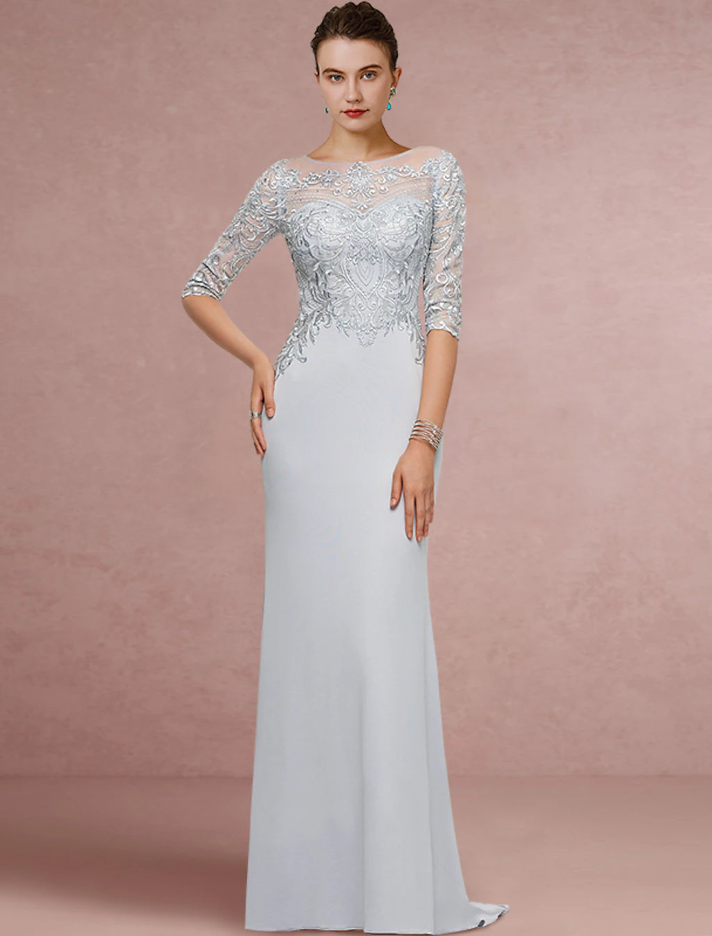 Silver Lace Illusion Boat Neck Sheath Floor-Length Evening Gown