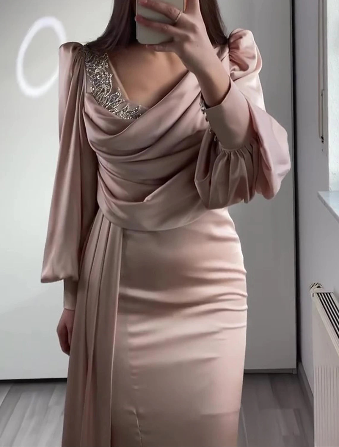 Mermaid / Trumpet Evening Gown Elegant Dress Formal Wedding Guest Sweep / Brush Train Long Sleeve V Neck Satin with Ruched