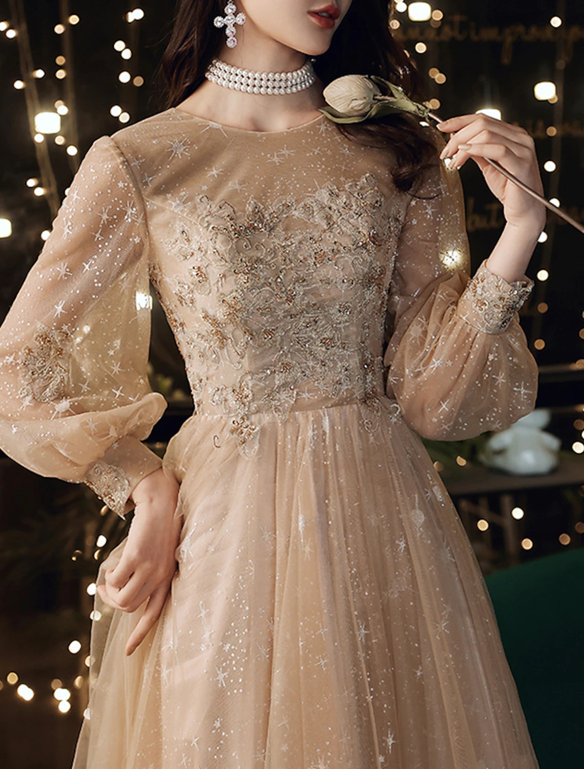 Vestidos de fiesta de corte A, bonitos vestidos de fiesta para invitados de boda, largos hasta el suelo, manga larga, cuello joya, tul con apliques de lentejuelas