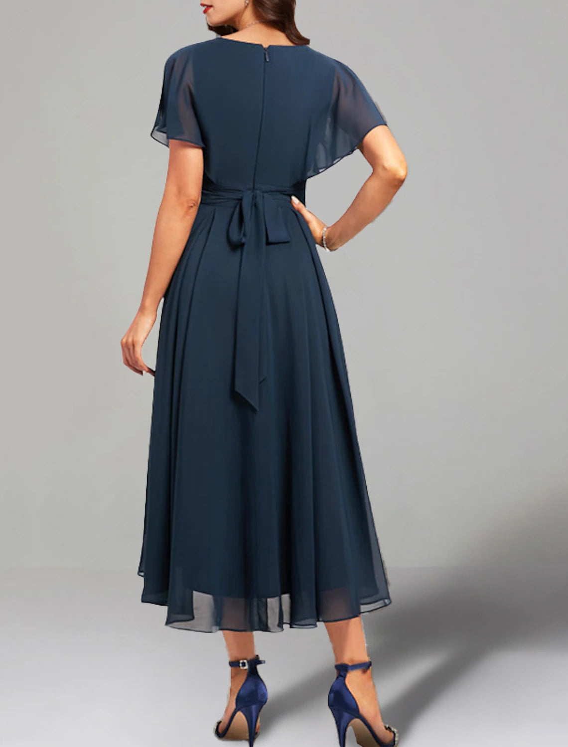 Dark Navy Chiffon Asymmetrical A-Line V-Neck Dress with Flutter Sleeves