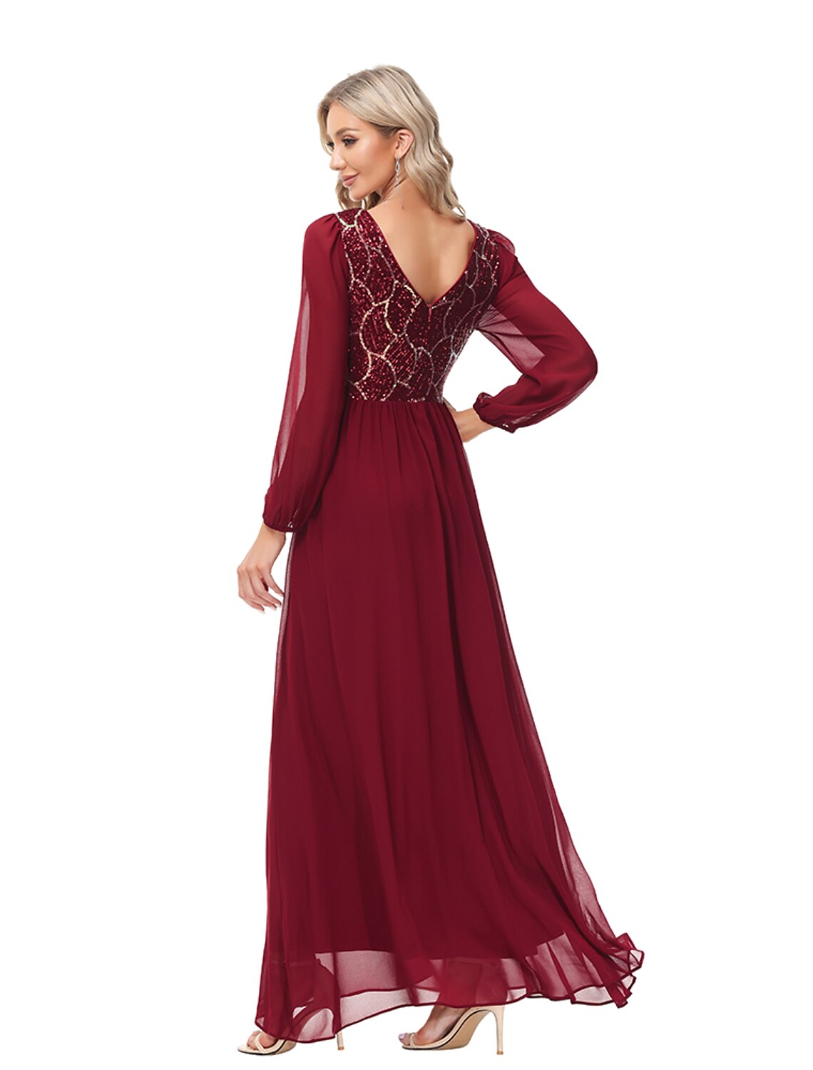 Burgundy Chiffon A-Line Floor-Length Evening Dress with Sequin Bodice