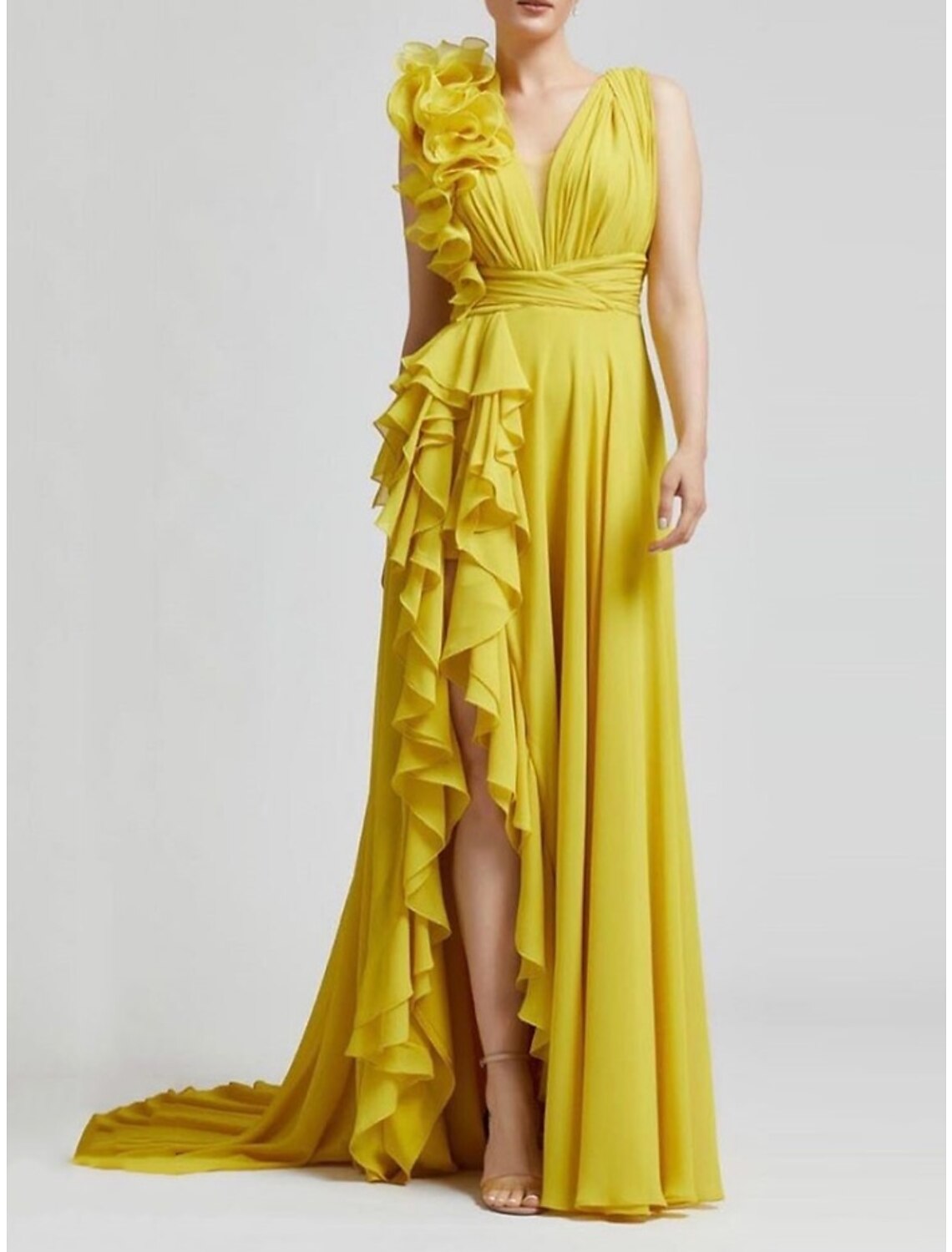 Pink Chiffon A-Line Floor-Length Evening Gown with Sculptural Ruffle