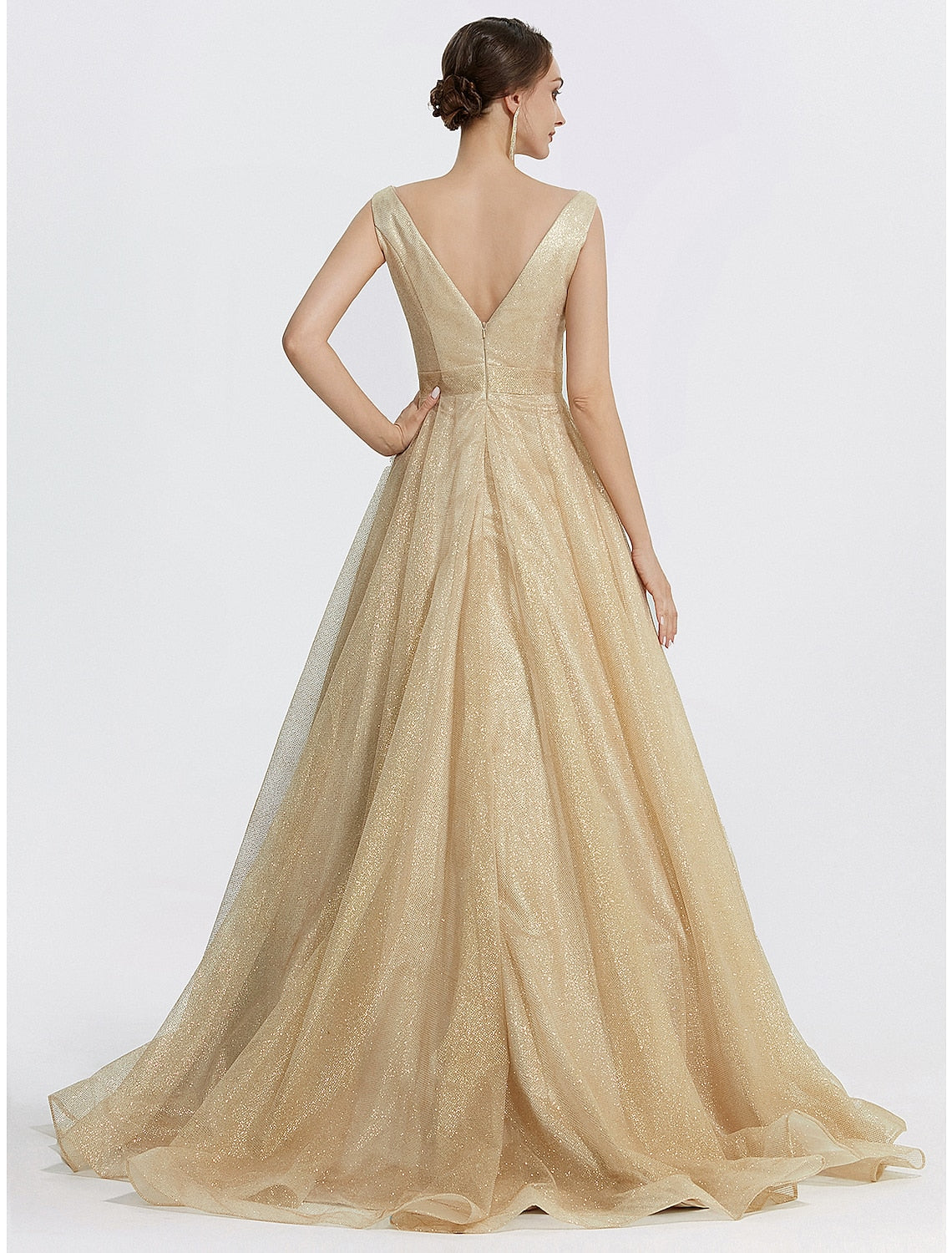 Vestido de fiesta con brillo, para boda, quinceañera, largo hasta el suelo, sin mangas, cuello en V, tul con brillo