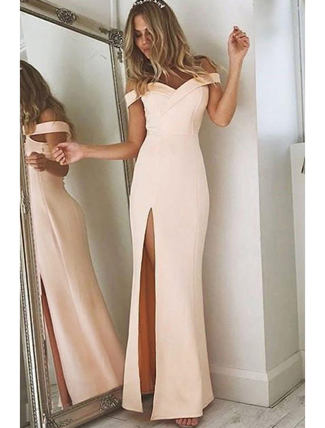 Blushing Pink Crepe Off-the-Shoulder Sheath/column Floor-Length Bridesmaid Dress