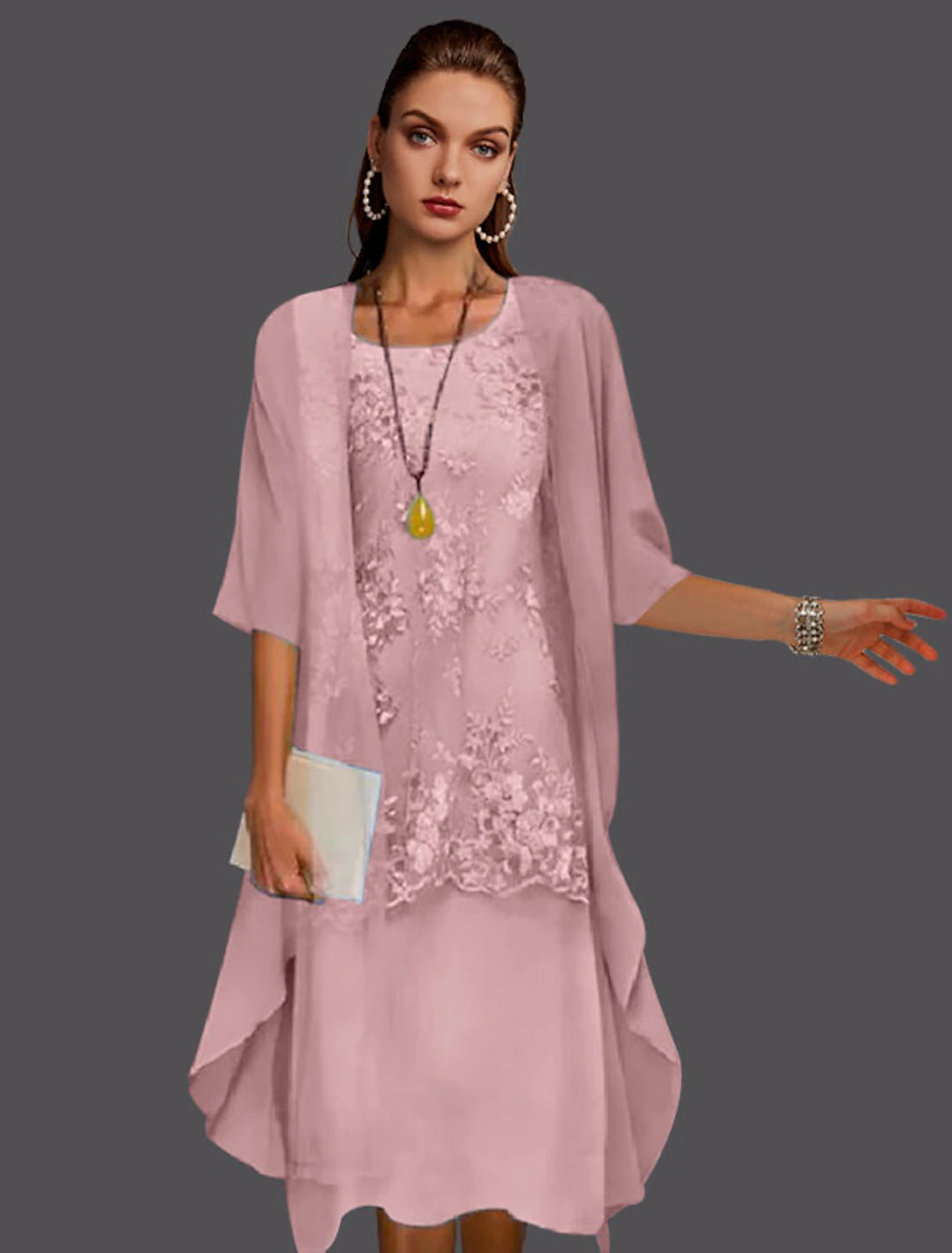 Lavender Chiffon A-Line Knee-Length Dress with Square Neck, Lace Bodice Overlay & Sheer Jacket