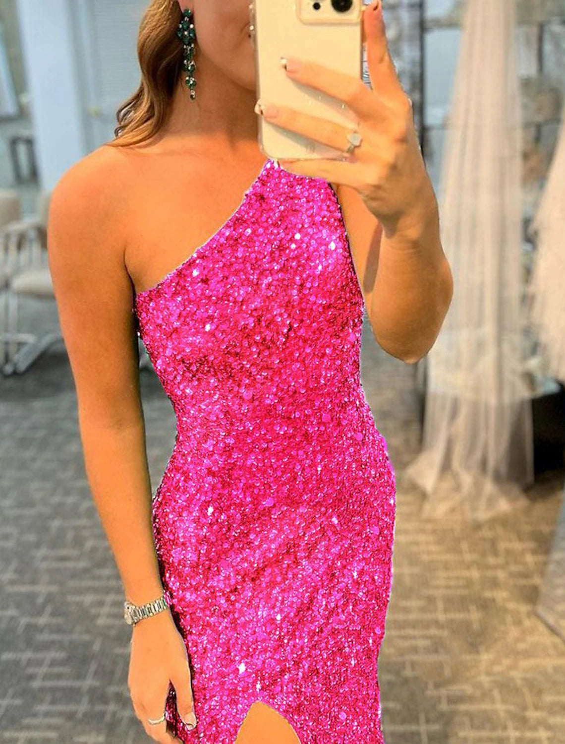 Vestidos de fiesta sexys brillantes y brillantes, vestido de noche formal con abertura alta, sirena, un hombro, sin mangas, cola de barrido/cepillo con lentejuelas