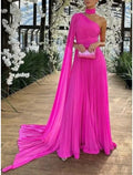 Pink Chiffon A-Line Floor-Length One-Shoulder Evening Dress