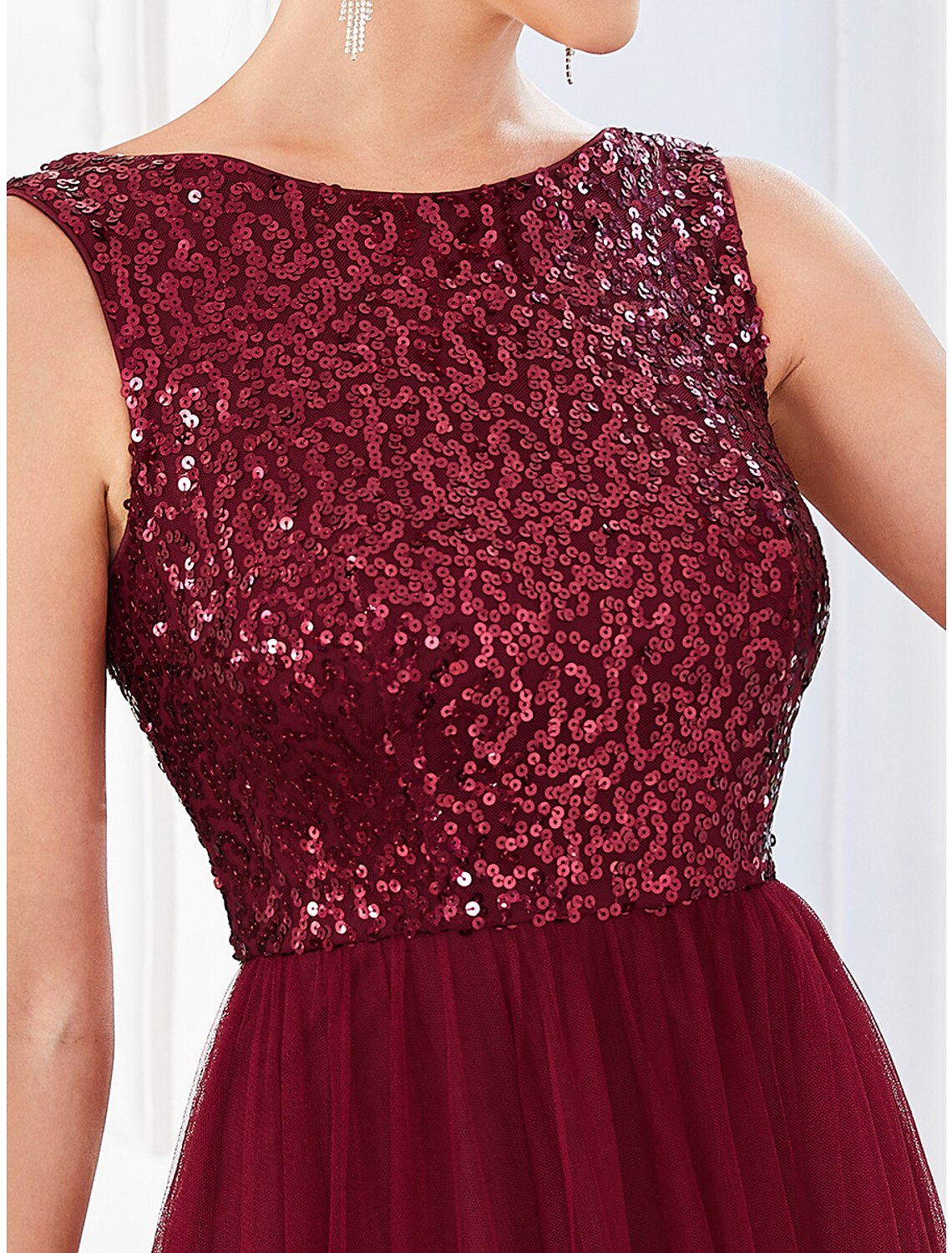 Burgundy Sequin Tulle A-Line Floor-Length Bridesmaid Dress
