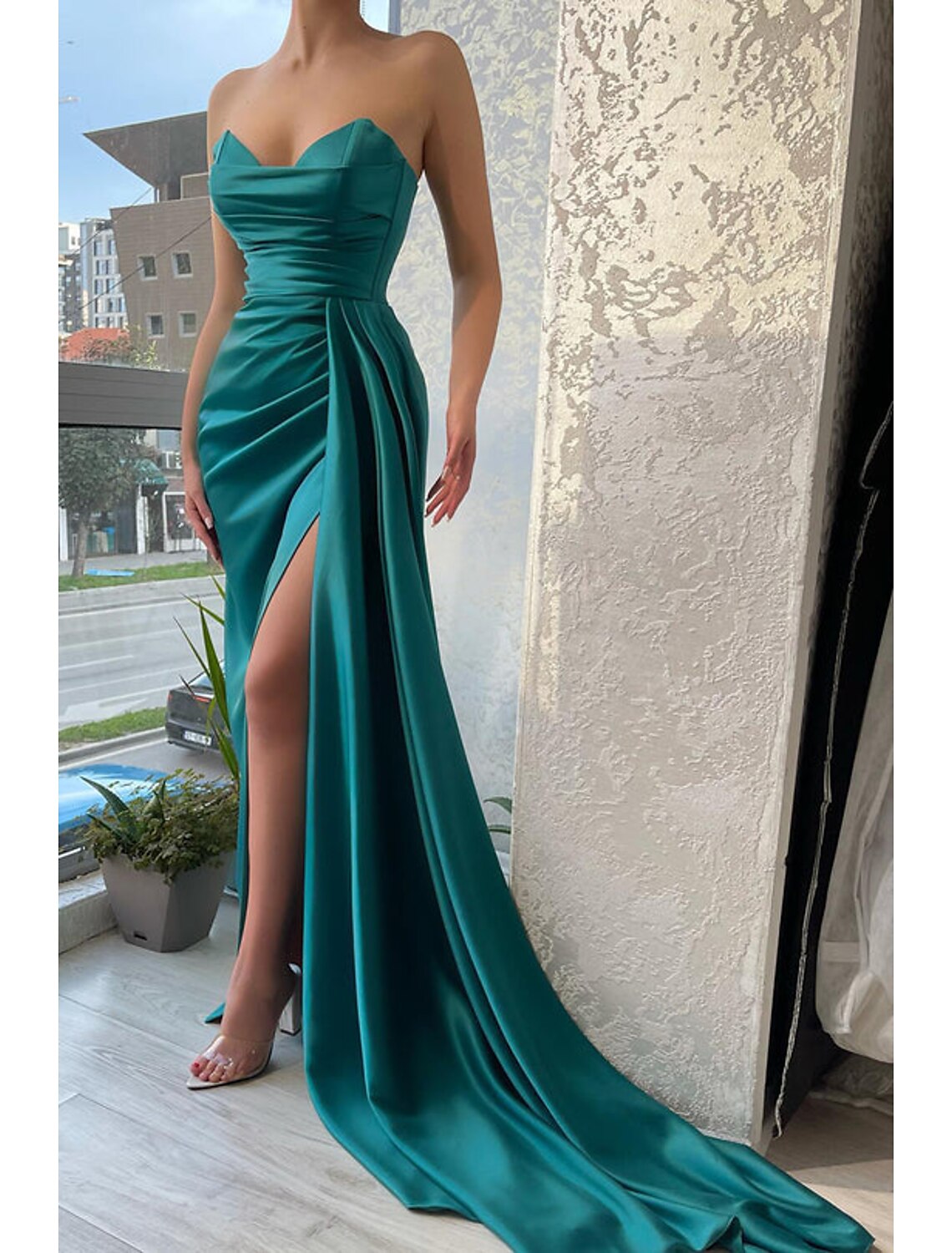 Mermaid Party Dress Evening Gown Sexy Dress Wedding Wedding Reception Court Train Sleeveless Strapless Satin with Ruched Slit 2025