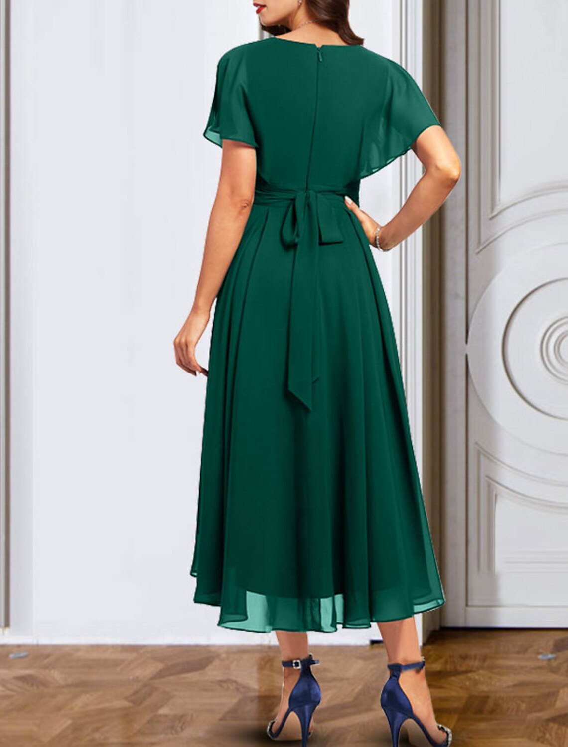 Emerald Chiffon A-Line High-Low Dress with Flutter Sleeves