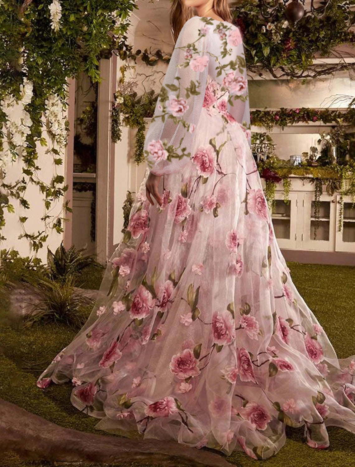 Blushing Pink Chiffon A-Line Floor-Length Evening Dress with Puff Sleeves