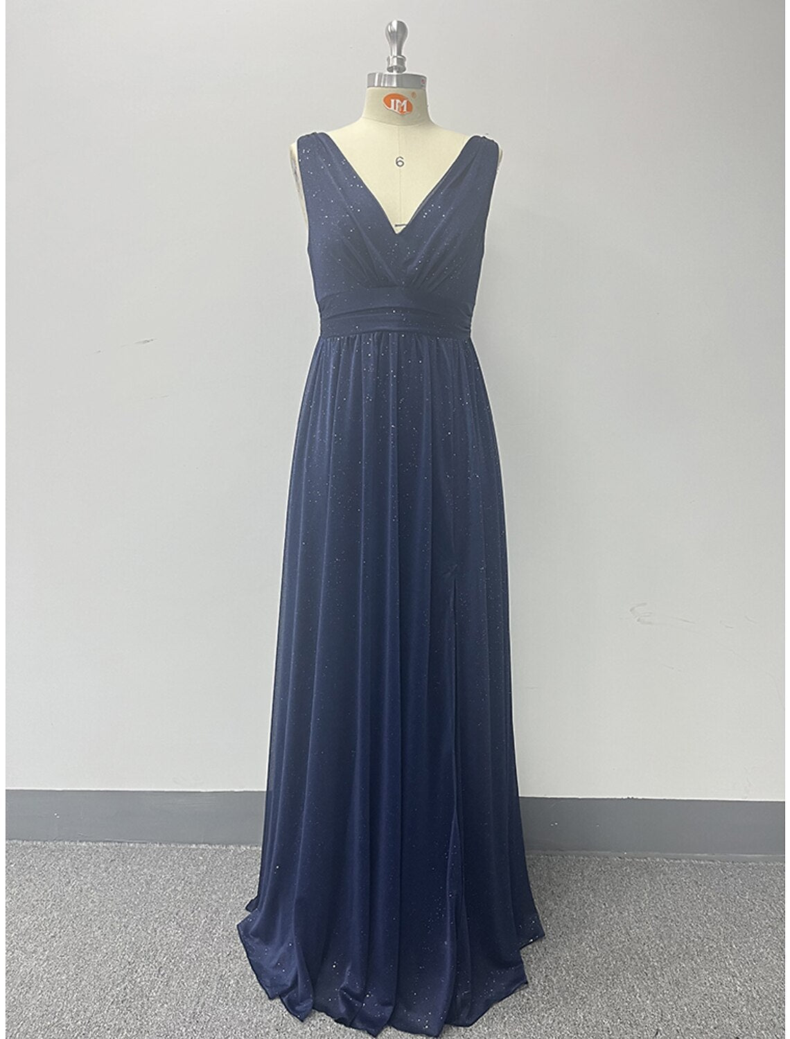 Dark Navy Glitter A-Line V-Neck Bridesmaid Dress with High Slit