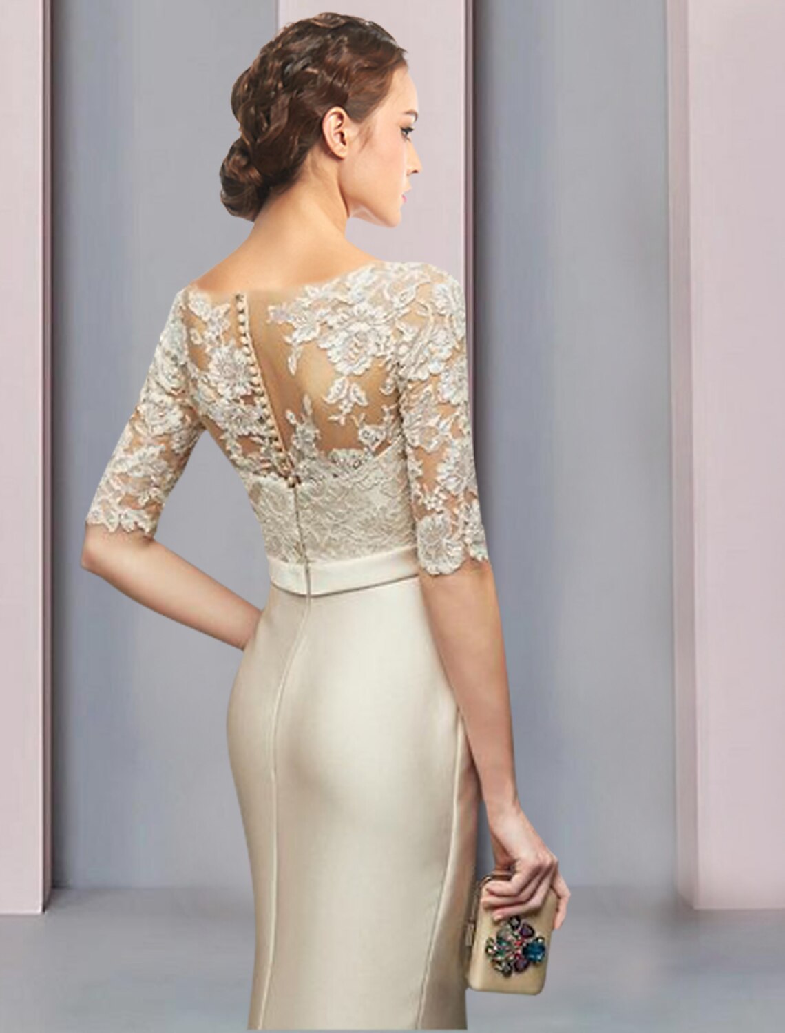 Abito da cerimonia per la madre della sposa, a tubino, con scollo a cuore, in raso, con scollo a V, lunghezza al pavimento, maniche corte, con fiocco/i e arricciature