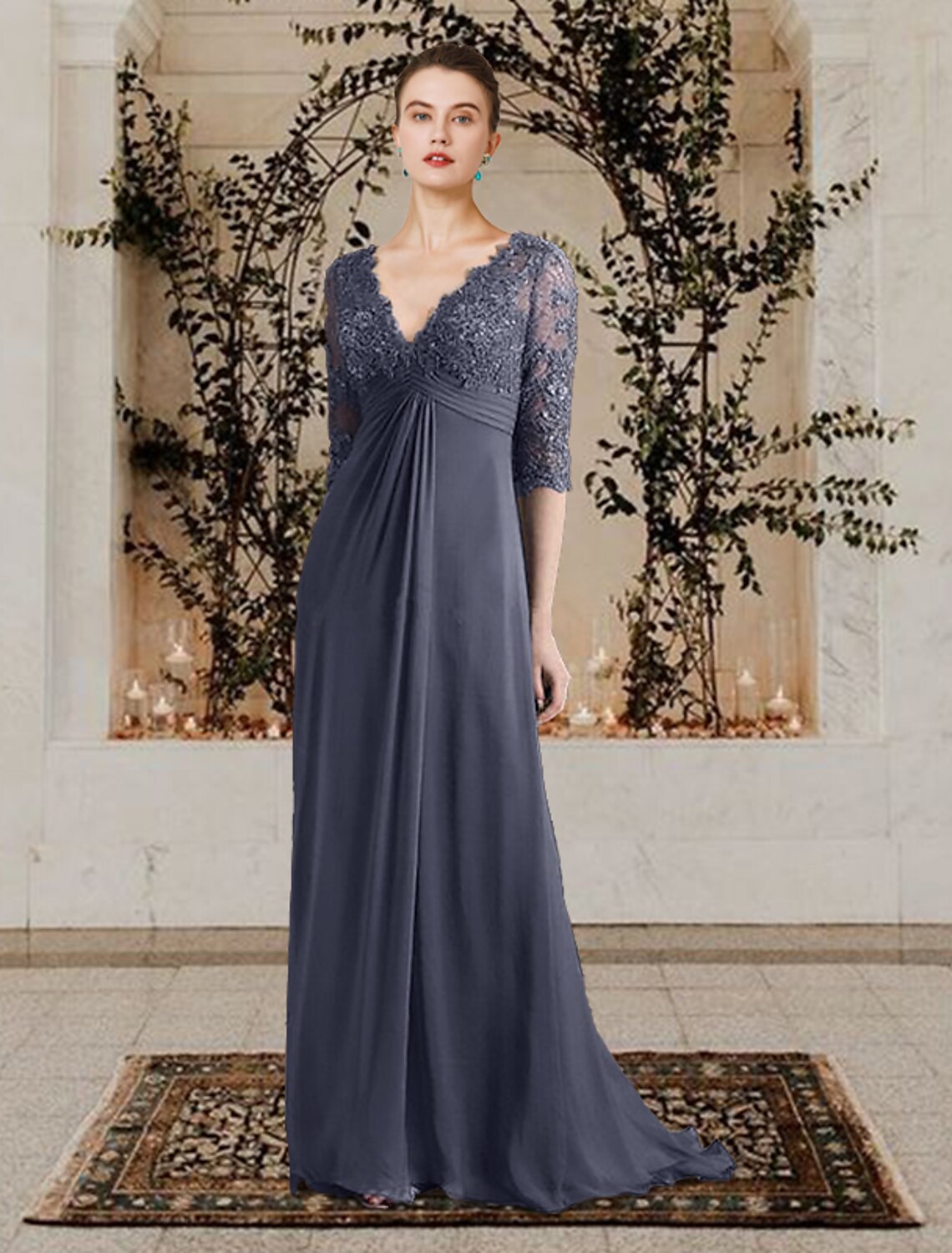 Abito da sposa a trapezio con scollo a V, elegante, in chiffon, con strascico a ruota, in pizzo, a mezza manica, con applicazioni