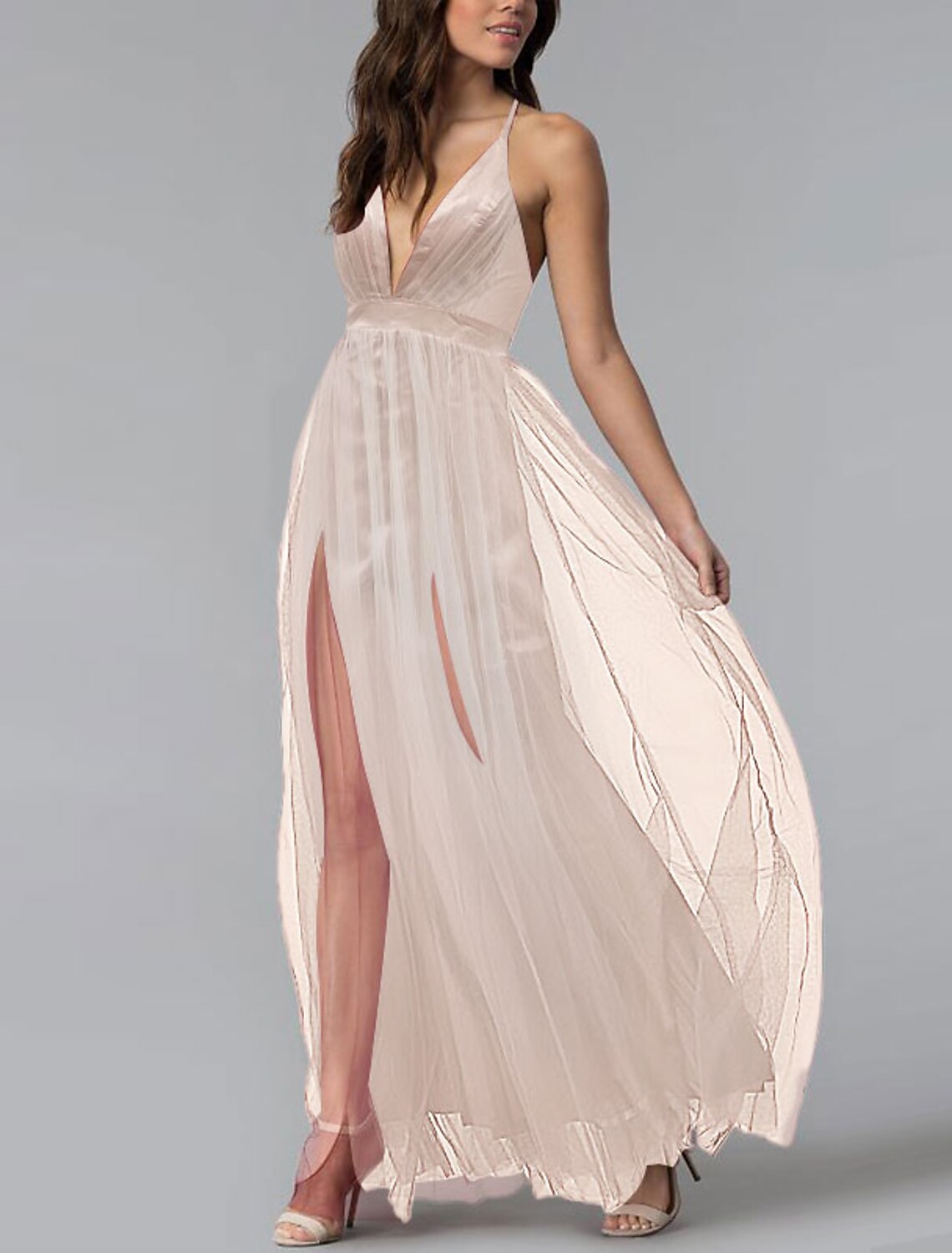 Abiti da ballo a tubino/colonna, eleganti, da invitata a nozze, da ballo, lunghi fino al pavimento, senza maniche, con scollo all'americana, in tulle, con incrocio sulla schiena, fascia/nastro, pieghe, spacco frontale