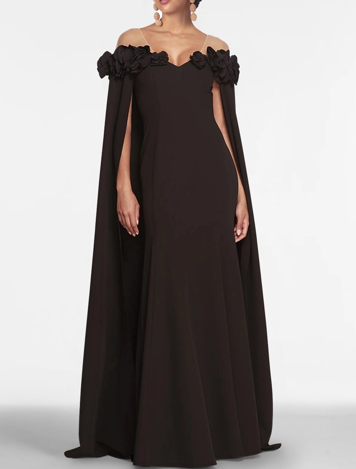 Abito da sera a trapezio, abito nero, abito floreale, ballo di fine anno, lunghezza al pavimento, senza maniche, spalle scoperte, mantelle in chiffon con scialle