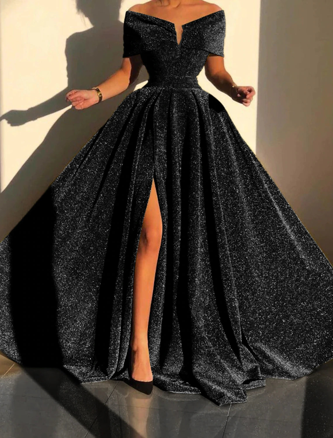 Vestido de noche de corte A con brillo y destellos, vestido formal de otoño, cola de corte, sin mangas, hombros descubiertos, lentejuelas con abertura de lentejuelas