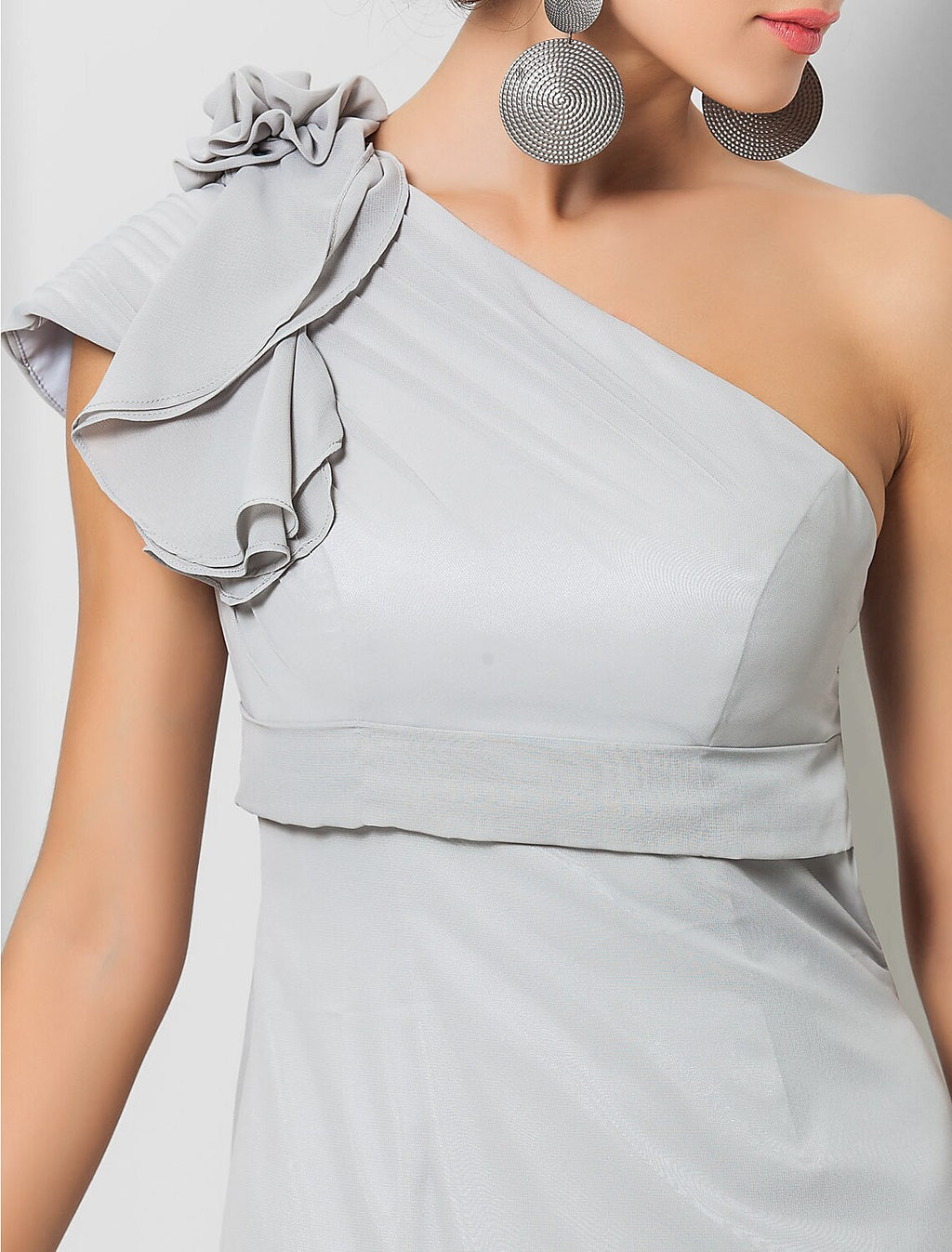 Vestido elegante de fiesta para invitados de boda, de noche, largo hasta el suelo, sin mangas, con un hombro al descubierto, de gasa, con apliques de faja o cinta.
