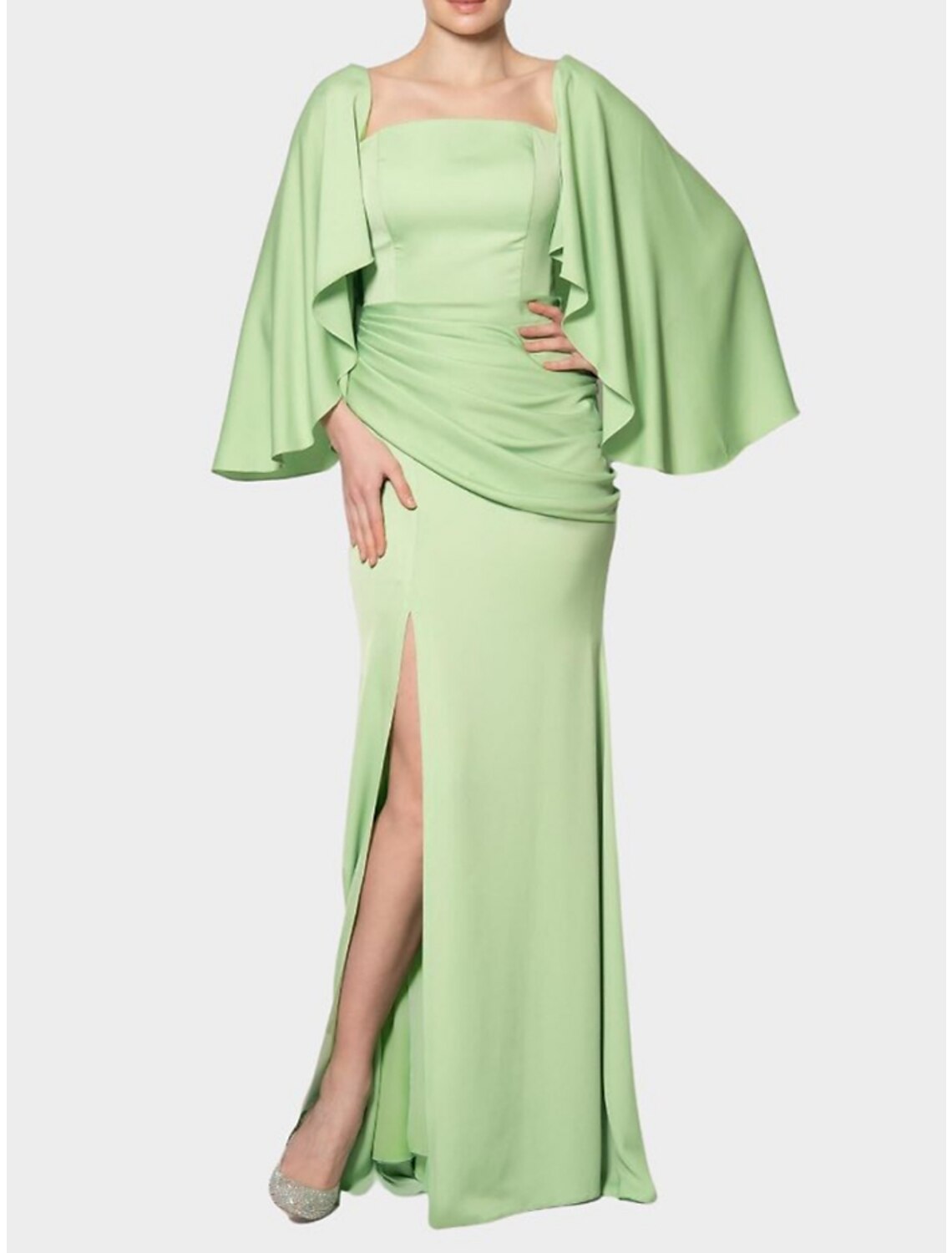 Sheath / Column Evening Gown Elegant Dress Formal Christmas Red Green Dress Sweep / Brush Train Long Sleeve Square Neck  Chiffon with Pleats Ruched Slit