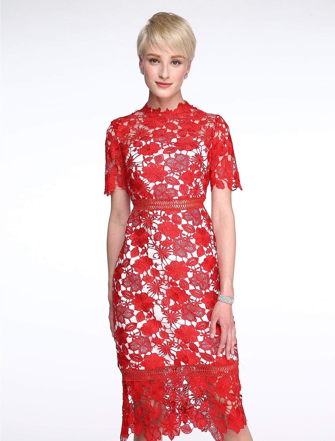 Abito da madre della sposa a tubino/colonna, trasparente, collo alto, lunghezza al ginocchio, pizzo, maniche corte, senza pizzo