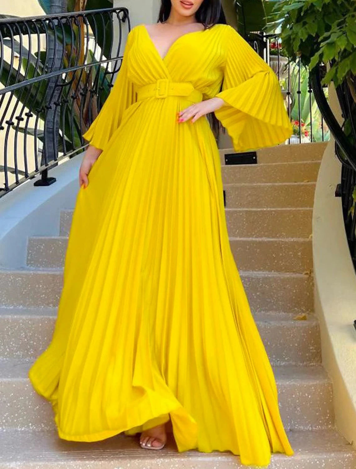 Abiti da festa a trapezio, abito svolazzante, abito da ospite di nozze, festa, lunghezza al pavimento, manica a 3/4, scollo a V, cintura/fascia in chiffon con pieghe