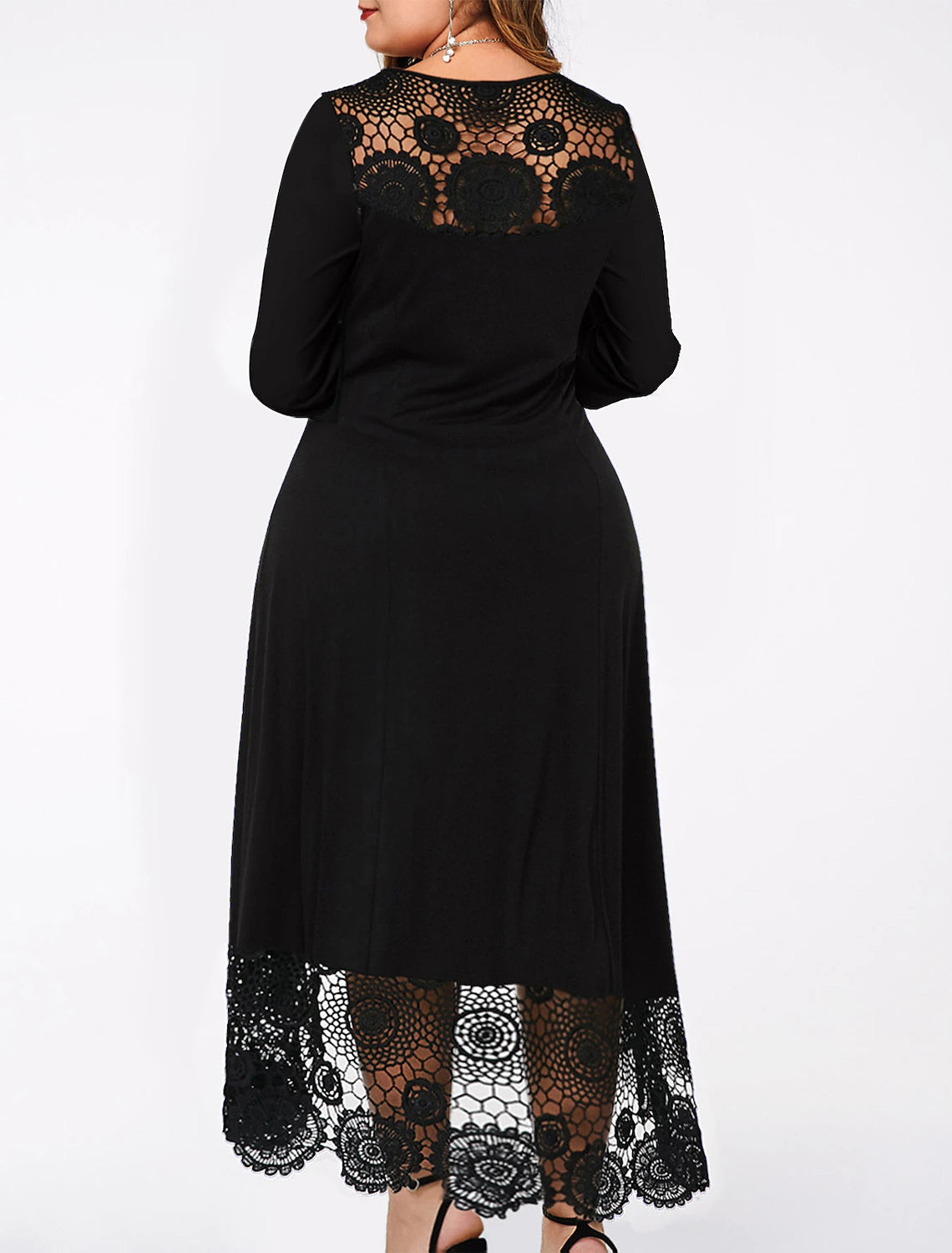 Black Crepe A-Line Asymmetrical Scoop Neck Dress with Lace Yoke and High-low Lace Hem