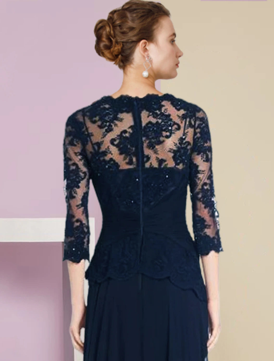 Dark Navy Lace A-Line Floor-Length Evening Dress with Sequins