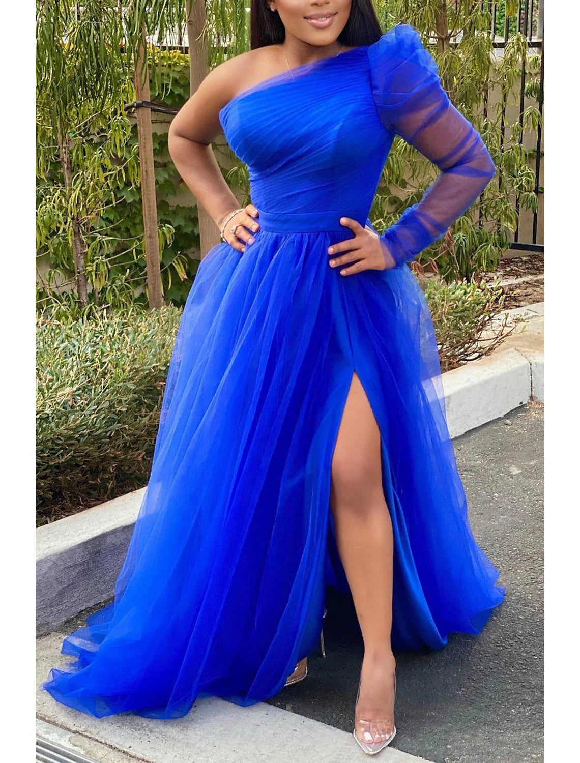 Vestidos de fiesta de corte A, talla grande, para invitados de boda, formales, de noche, con cola larga, de un solo hombro, de tul, con abertura, de la familia Addams, color puro