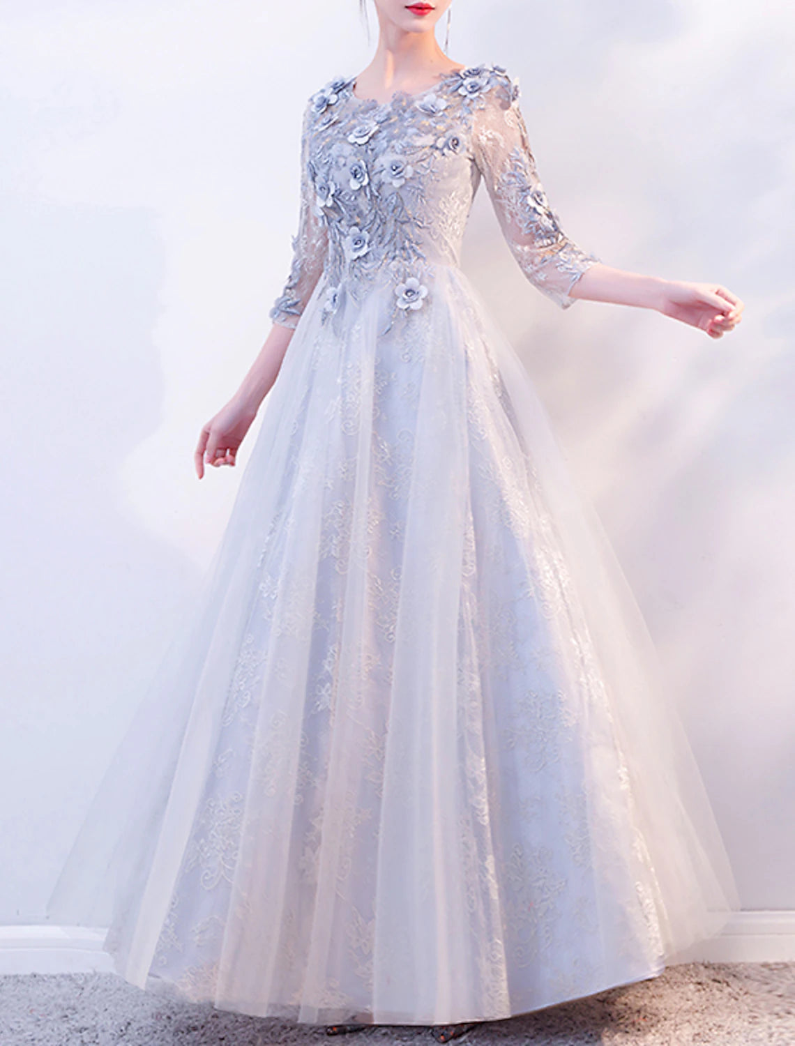 Abito da sera a trapezio, elegante, da invitato a nozze, da sera formale, lungo fino al pavimento, con maniche a 3/4, scollo gioiello, in tulle con applicazioni