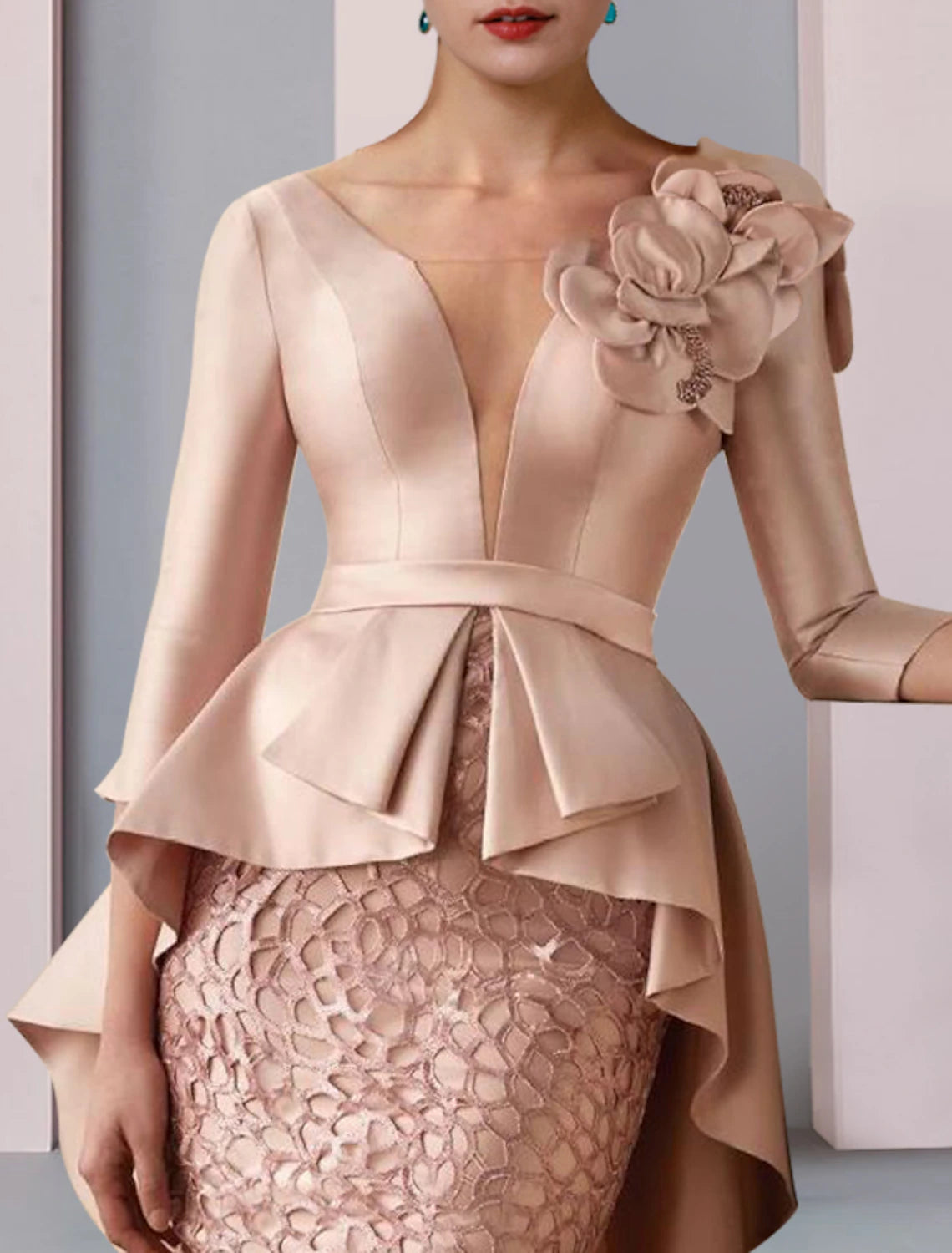 Blushing Pink Satin Sheath/Column Floor-Length V-Neck Evening Dress with Multi-layered Peplum