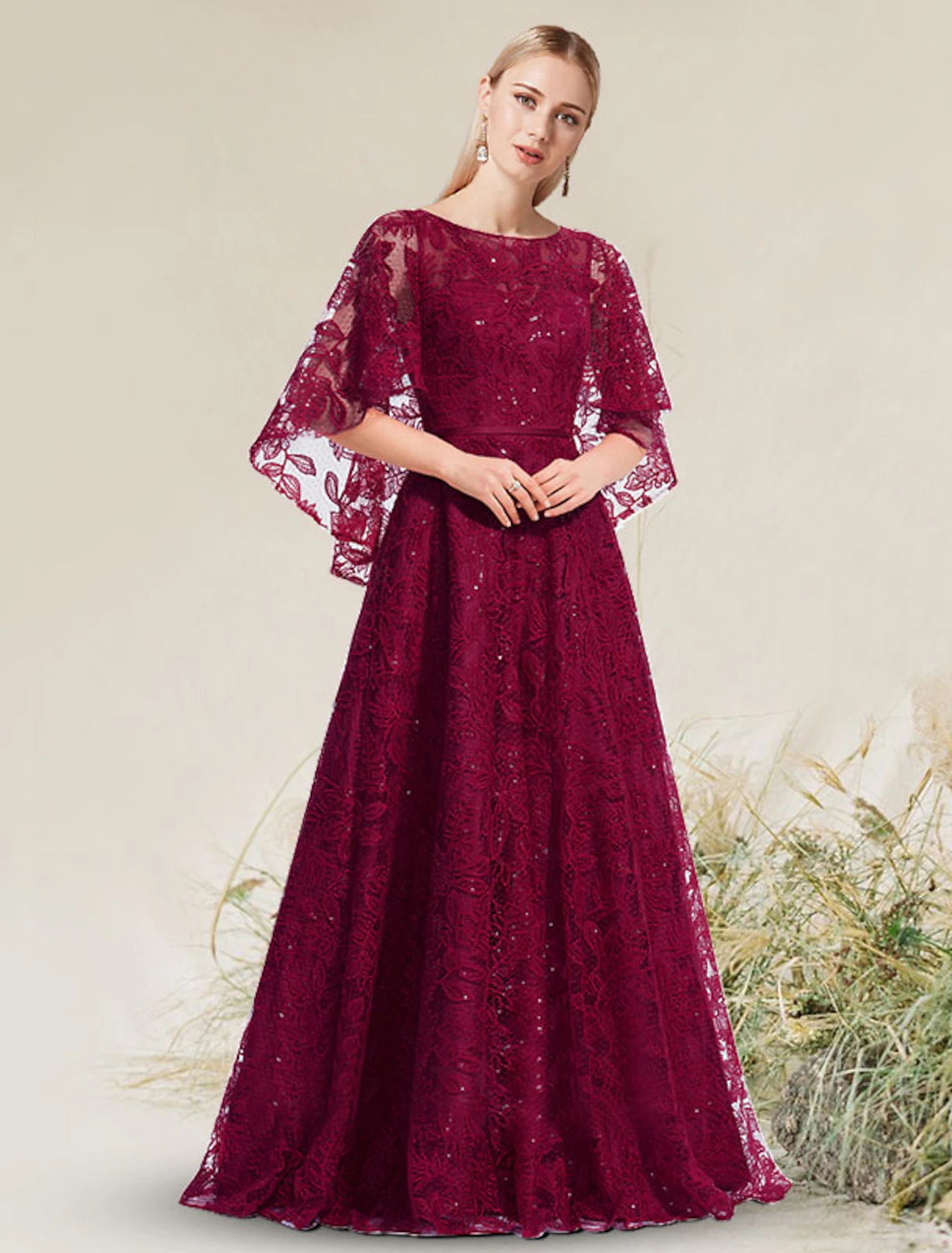 Abito da cerimonia elegante a trapezio con scollo a V, maniche corte, lunghezza pavimento, in pizzo con applicazioni, per invitati a nozze e compleanni