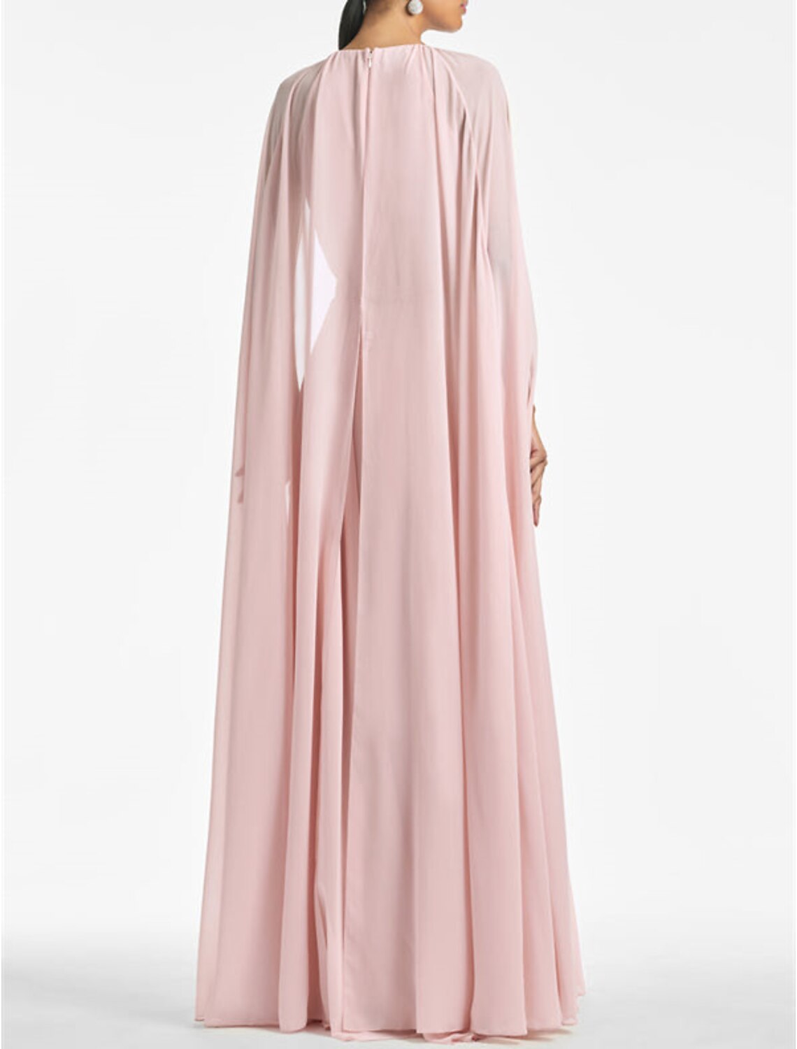 Blushing Pink Chiffon A-Line Floor-Length Dress with Pleated High Neck and Integrated Cape