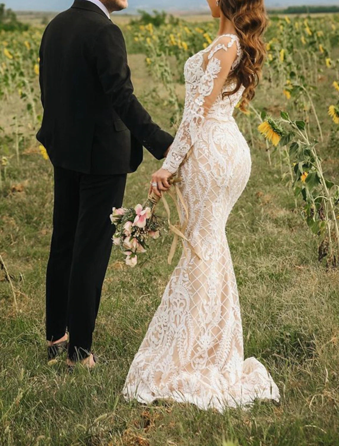 Ivory Lace Mermaid Floor-Length Sweetheart Gown with Long Illusion Sleeves