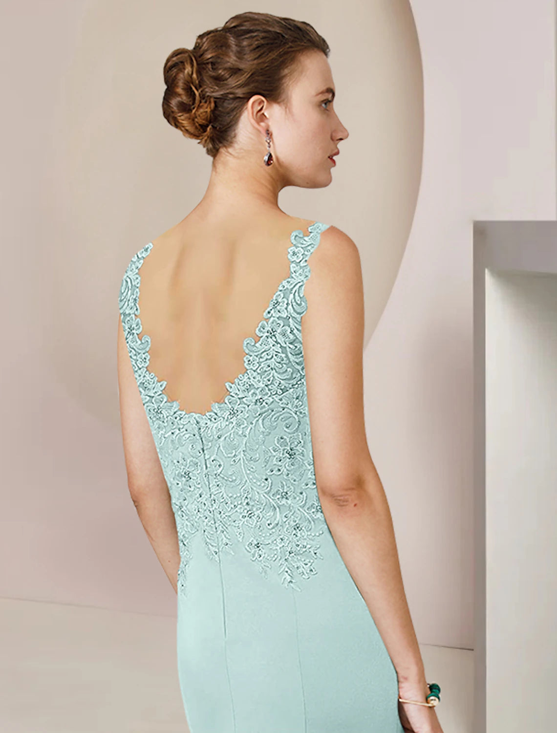 Vestido de dos piezas de corte A para madre de la novia, elegante, formal, para invitada de boda, escote en V alto y bajo, asimétrico, largo hasta la rodilla, de gasa, con encaje, mangas 3/4, cruzado incluido con apliques de lentejuelas