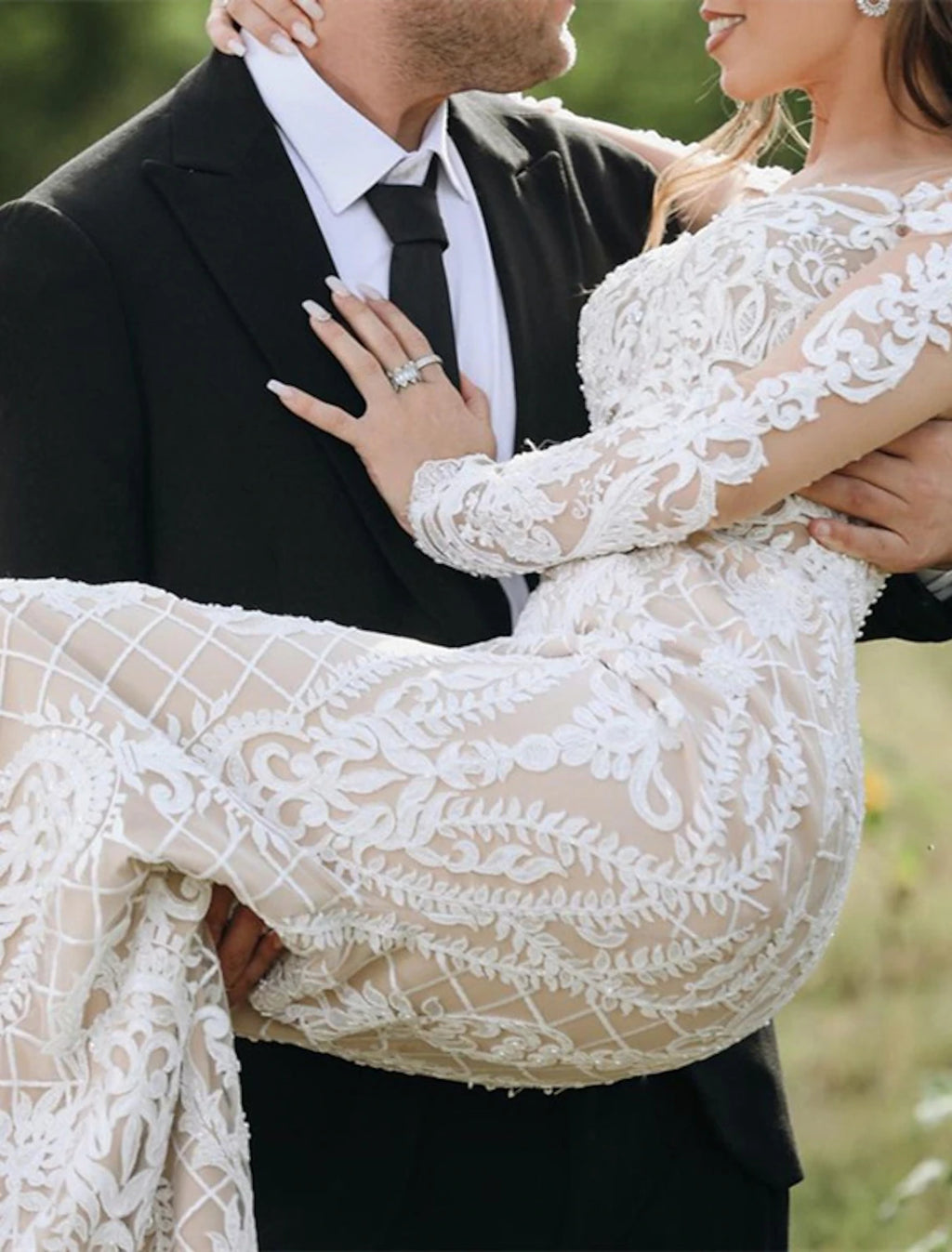 Ivory Lace Mermaid Floor-Length Sweetheart Gown with Long Illusion Sleeves
