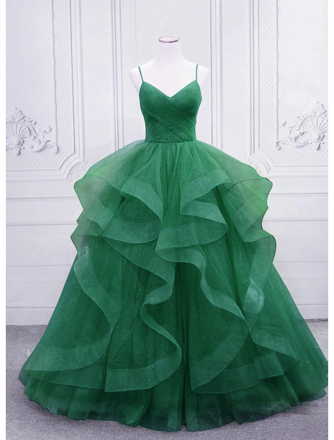 Vestido de fiesta con lentejuelas, vestido formal para invitados de boda, largo hasta el suelo, sin mangas, cuello en V, tul con volantes brillantes